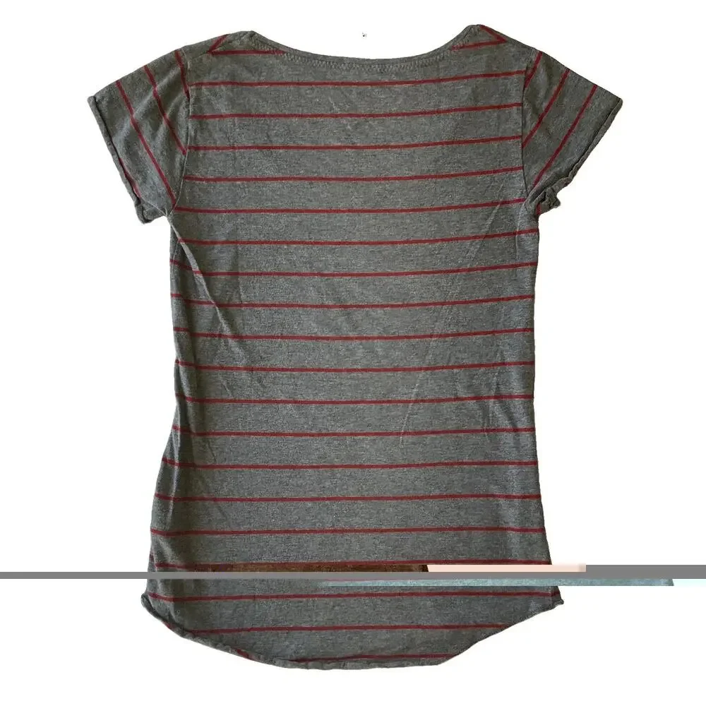 Disney Store Women Shirt XS Gray Striped Logo Scoop Neck Pullover Short Sleeve